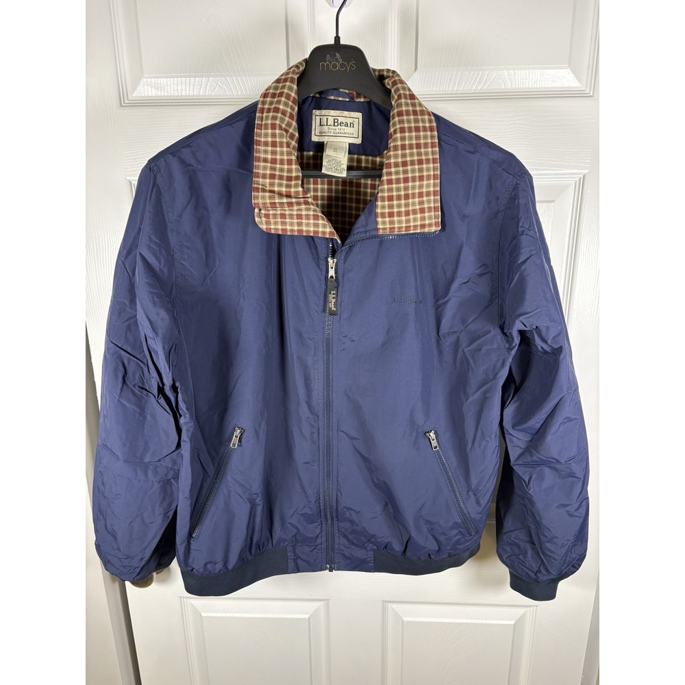 Vtg L.L. Bean Warm-Up Jacket Mens XL Blue Nylon Flannel Plaid Lined‎ Bomber Zip